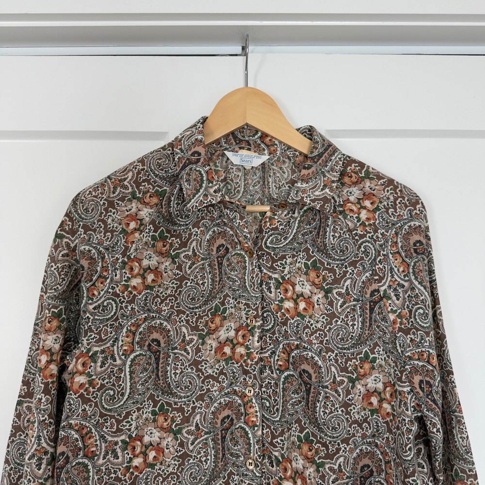 Womens Vintage Sears Paisley Floral Button Up Shirt Medium Brown 70s Boho Blouse